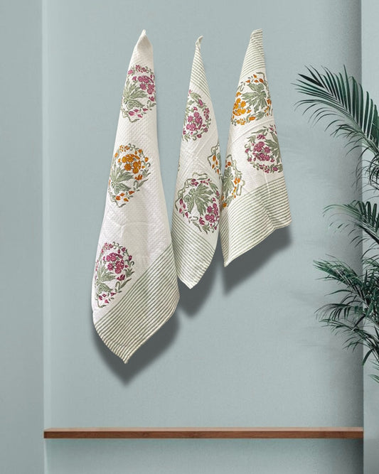 Cotton Waffle Towel, Hand Block Printed (Set of 1+2)