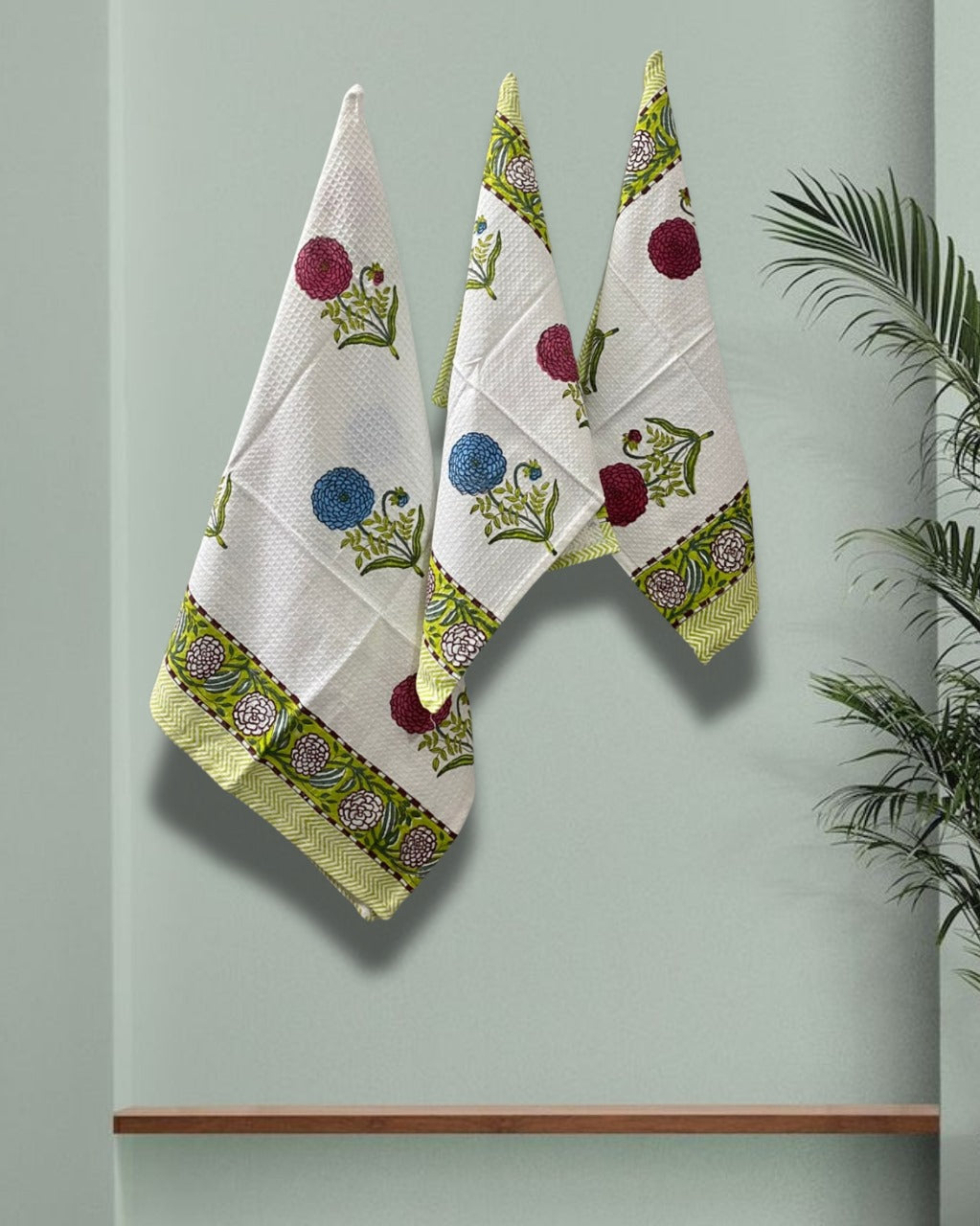 Cotton Waffle Towel, Hand Block Printed (Set of 1+2)
