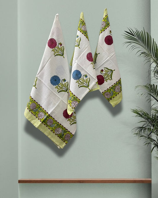 Cotton Waffle Towel, Hand Block Printed (Set of 1+2)