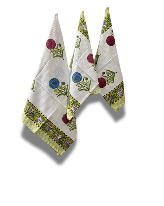 Cotton Waffle Towel, Hand Block Printed (Set of 1+2)