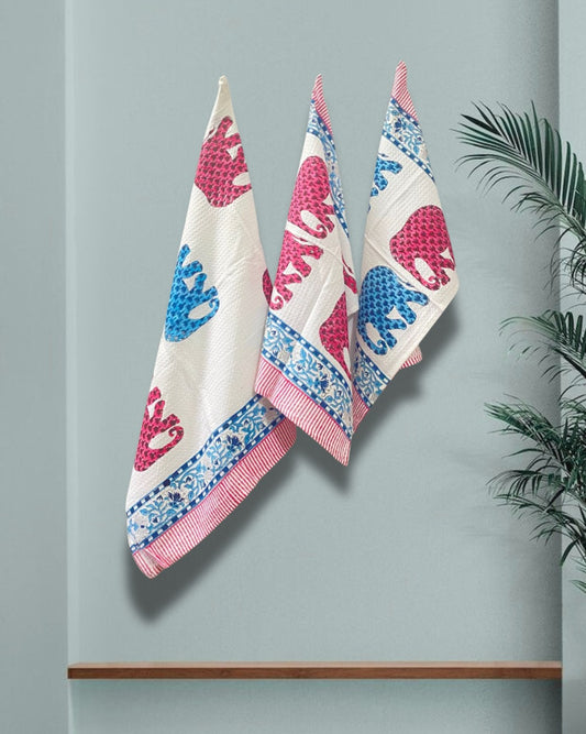 Cotton Waffle Towel, Hand Block Printed (Set of 1+2)