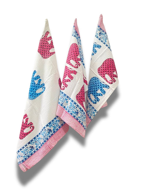 Cotton Waffle Towel, Hand Block Printed (Set of 1+2)