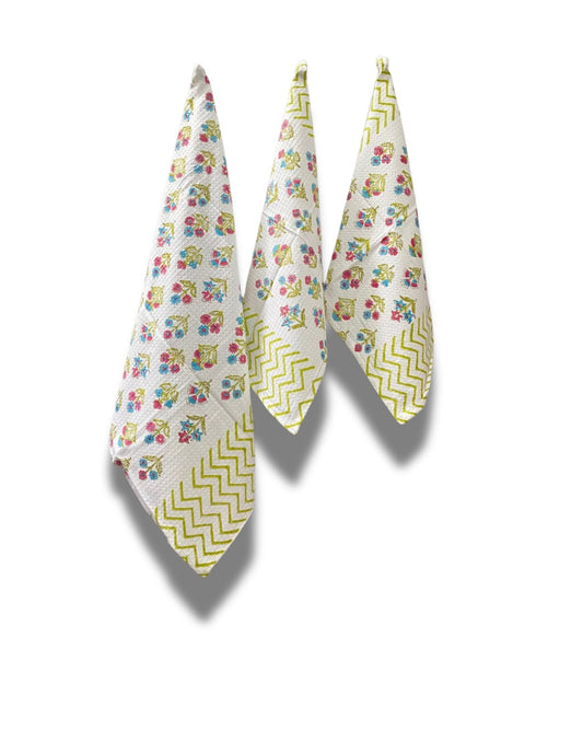 Cotton Waffle Towel, Hand Block Printed (Set of 1+2)