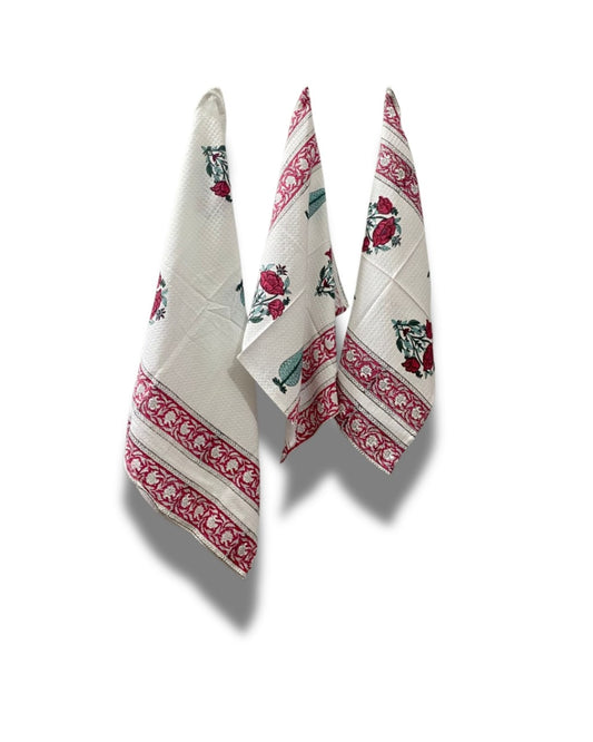 Cotton Waffle Towel, Hand Block Printed (Set of 1+2)