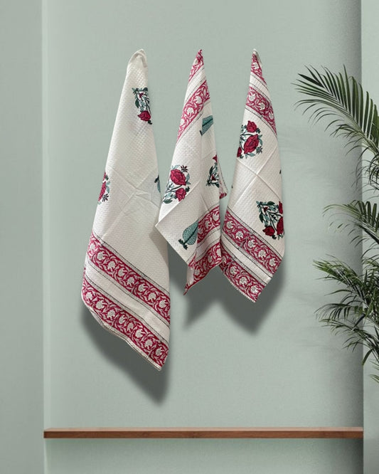 Cotton Waffle Towel, Hand Block Printed (Set of 1+2)