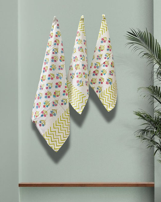 Cotton Waffle Towel, Hand Block Printed (Set of 1+2)