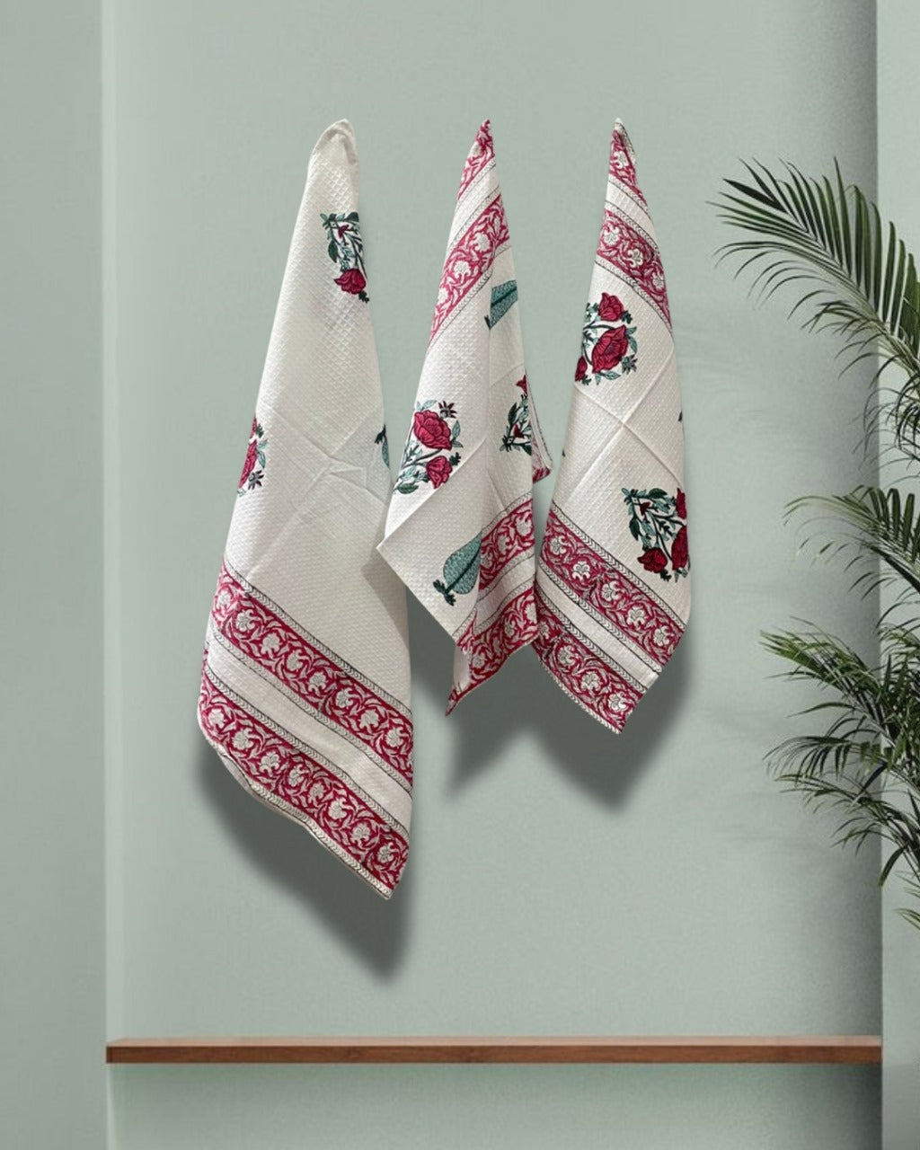 Cotton Waffle Towel, Hand Block Printed (Set of 1+2)